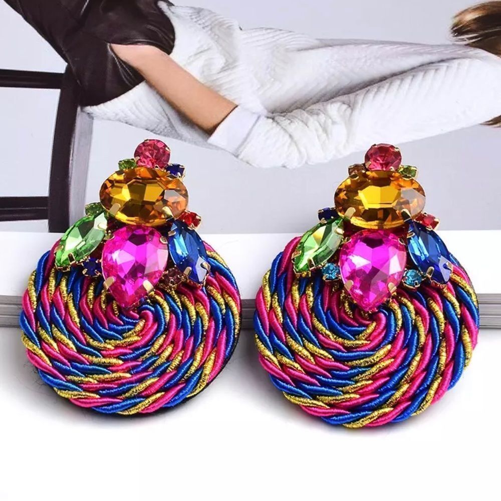 Colorful Crystal Handmade Round Rhinestone Earrings Exaggerated Statement